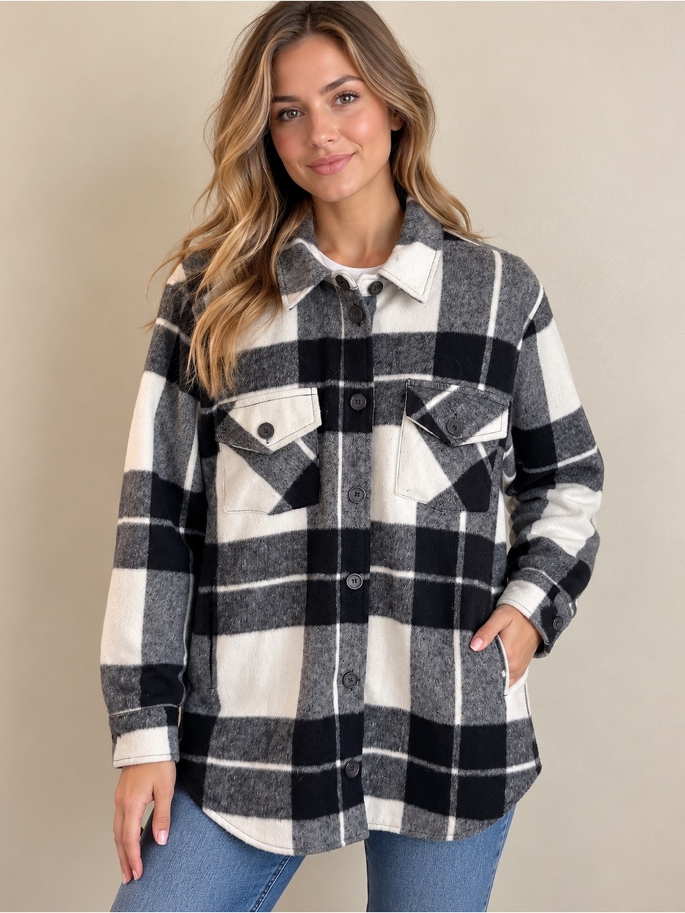 Thread & Supply Black White Plaid Shacket Jacket Small Hand  Chest Pockets